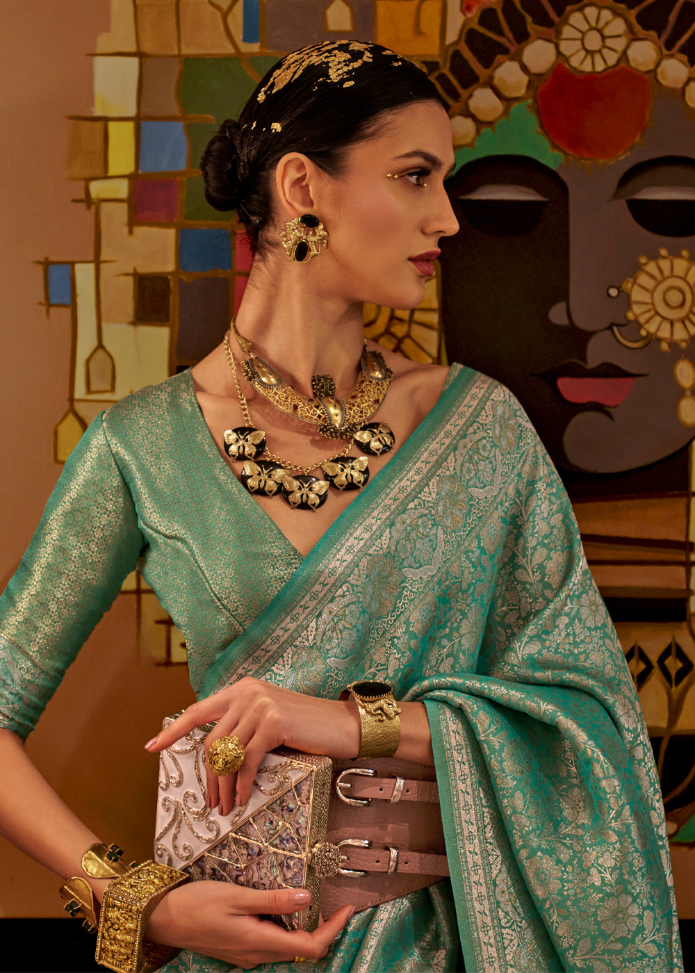 Buy MySilkLove Camouflage Green Dual Tone Woven Kanjivaram Silk Saree Online