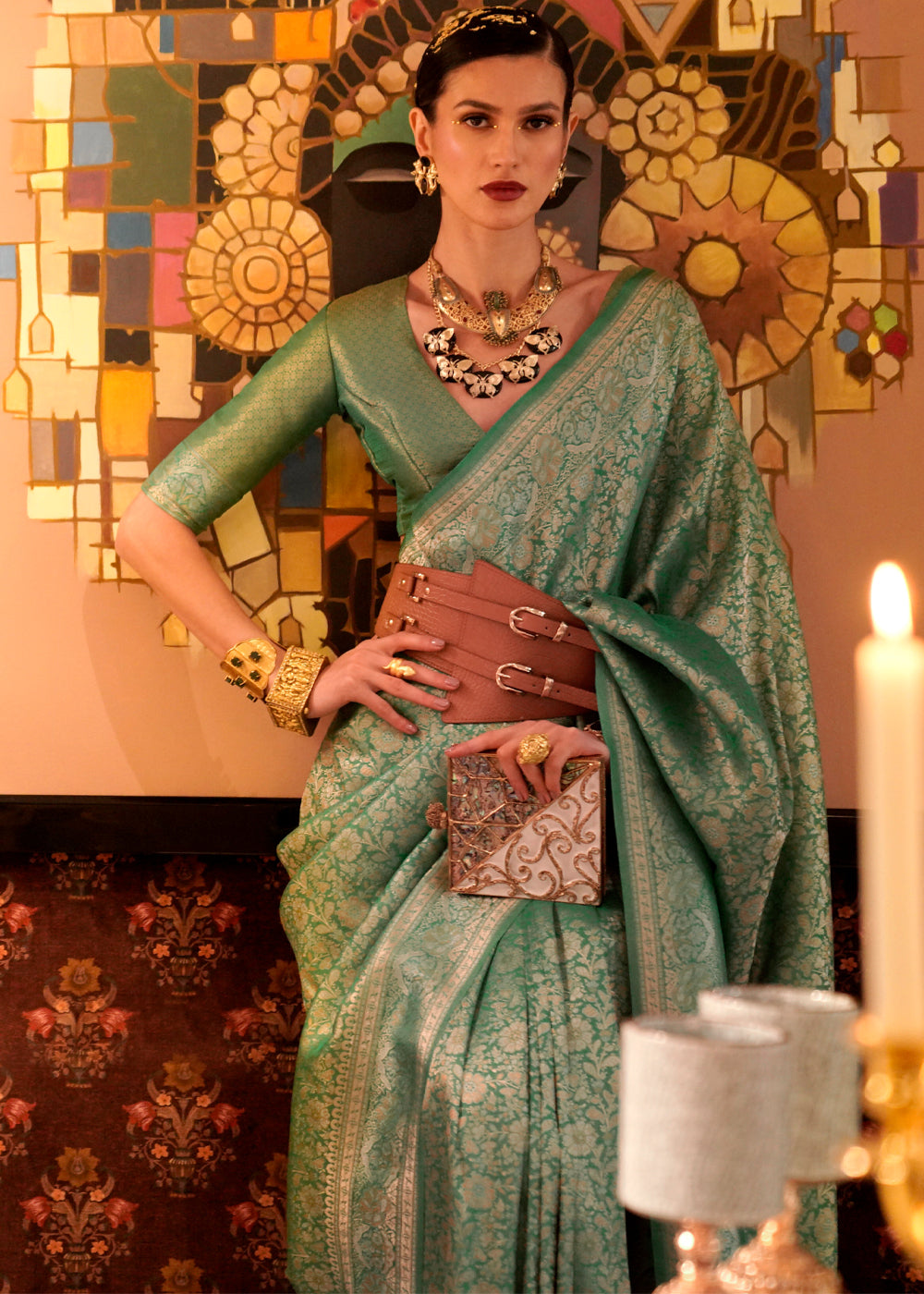 Buy MySilkLove Camouflage Green Dual Tone Woven Kanjivaram Silk Saree Online