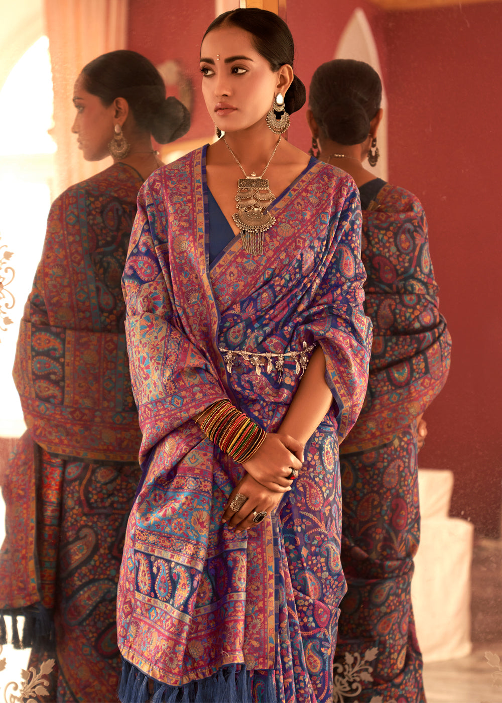 Buy MySilkLove Tuna Blue Woven Kashmiri Jamewar Silk Saree Online