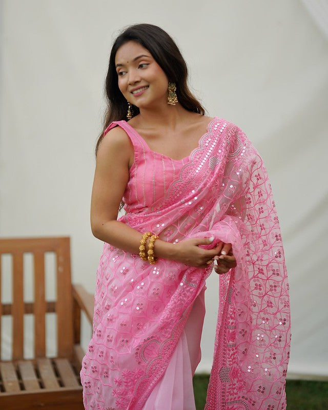 Buy MySilkLove Carnation Pink Designer Organza saree with Sequence Work Online