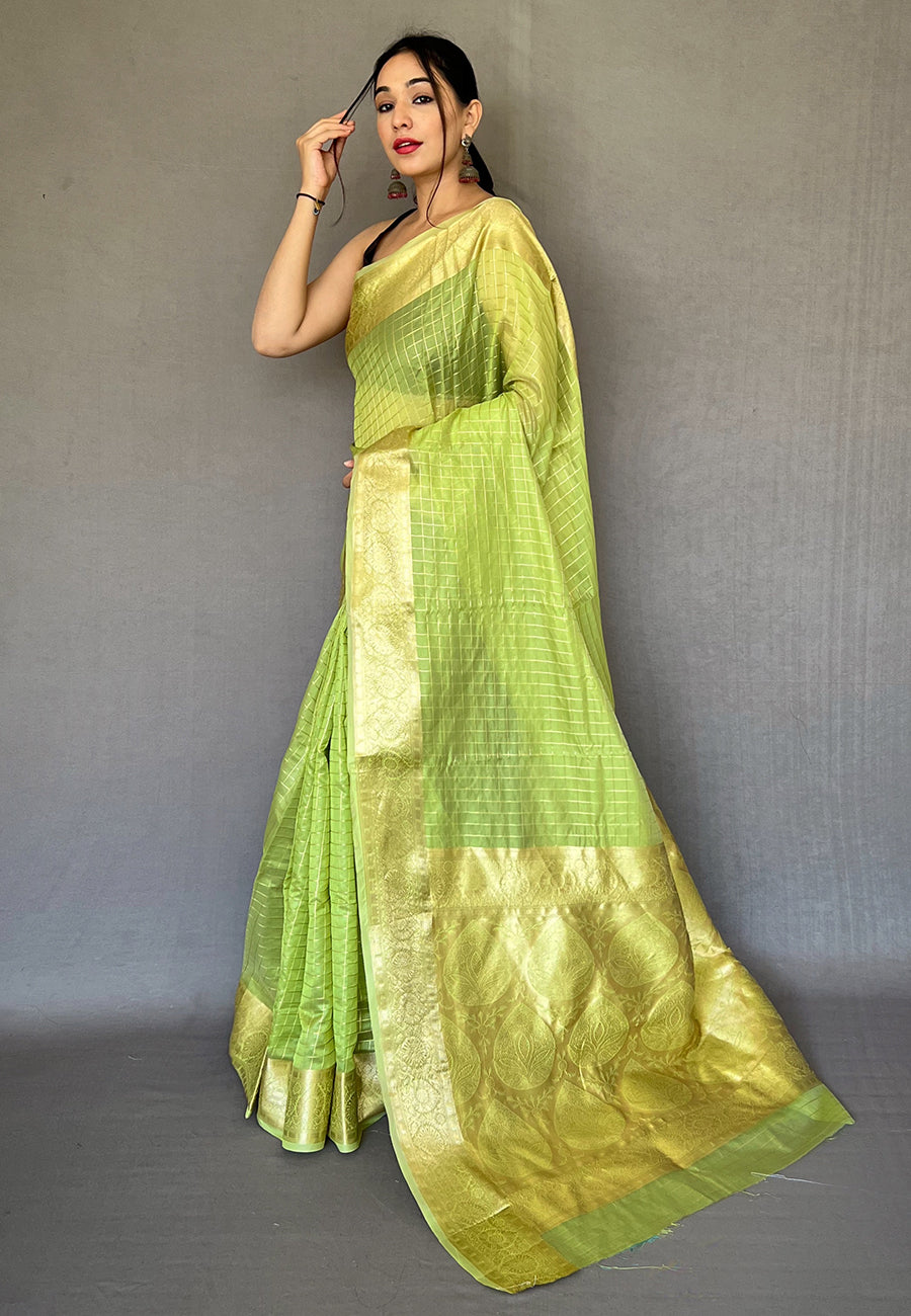 Buy MySilkLove Leaf Green Zari Woven Organza Checks Saree Online