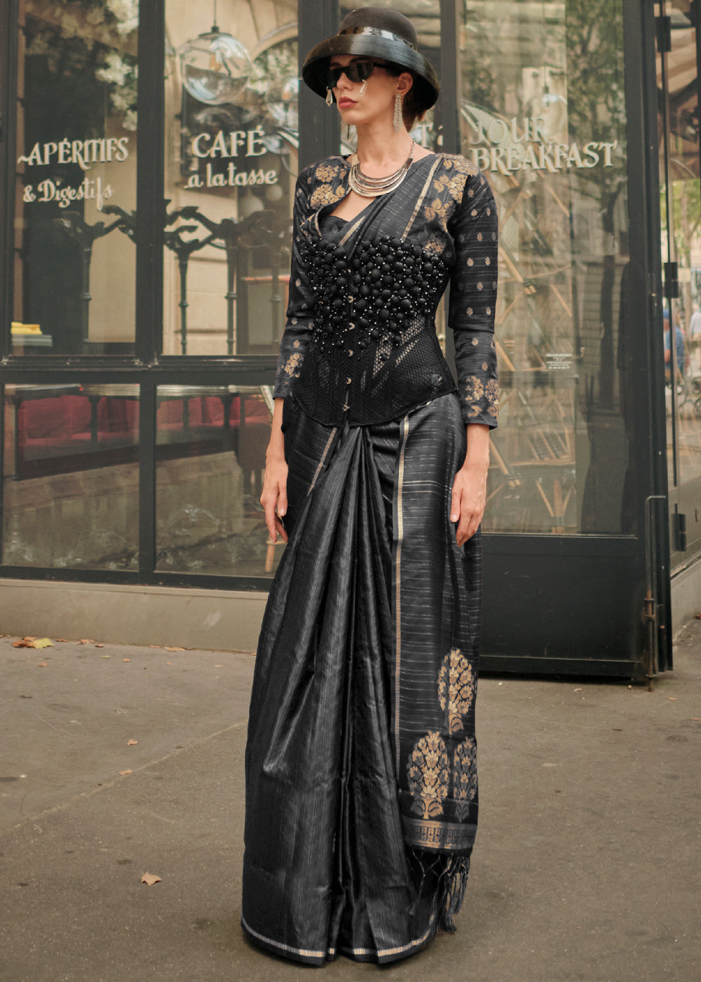 Buy MySilkLove Tundora Black Woven Banarasi Satin Silk Saree Online