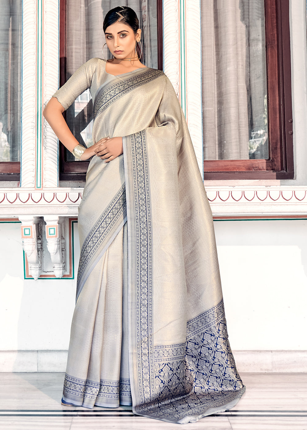 Buy MySilkLove Dawn Grey Woven Kanjivaram Silk Saree Online