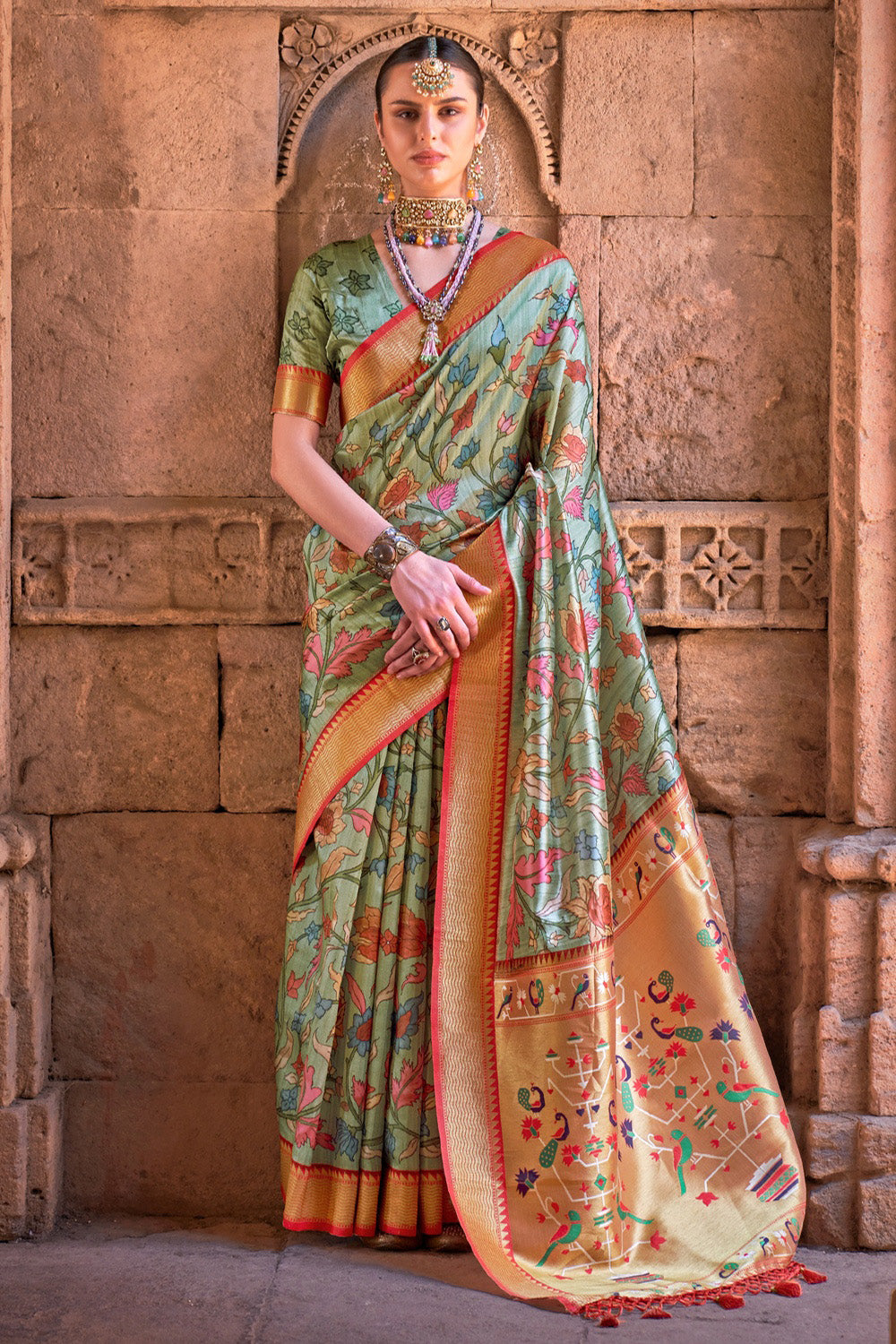 Buy MySilkLove Spanish Green Digital Printed Paithani Silk Saree Online