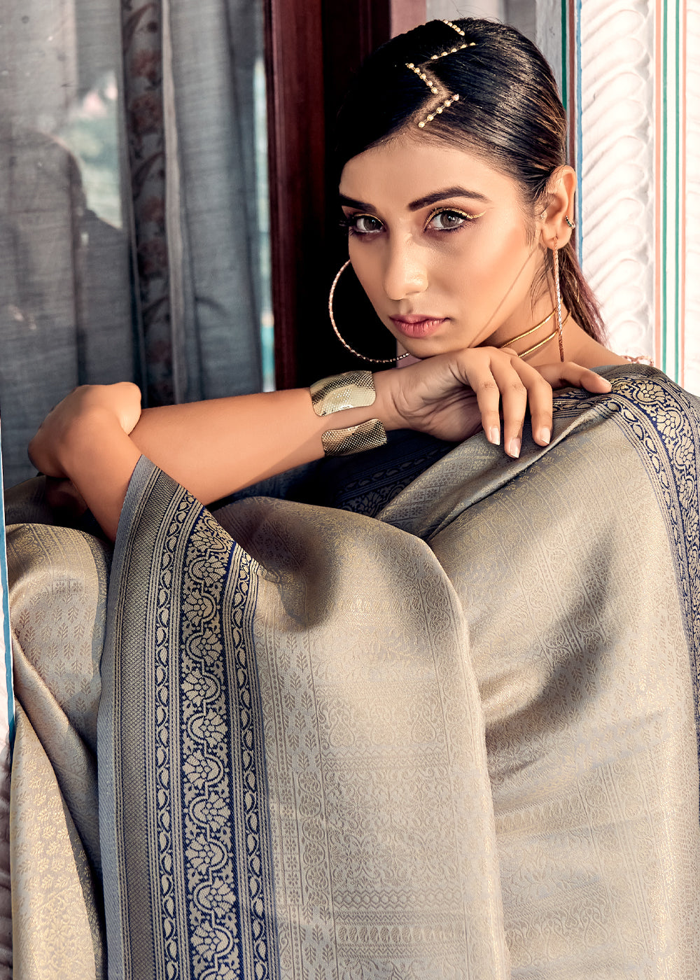 Buy MySilkLove Dawn Grey Woven Kanjivaram Silk Saree Online
