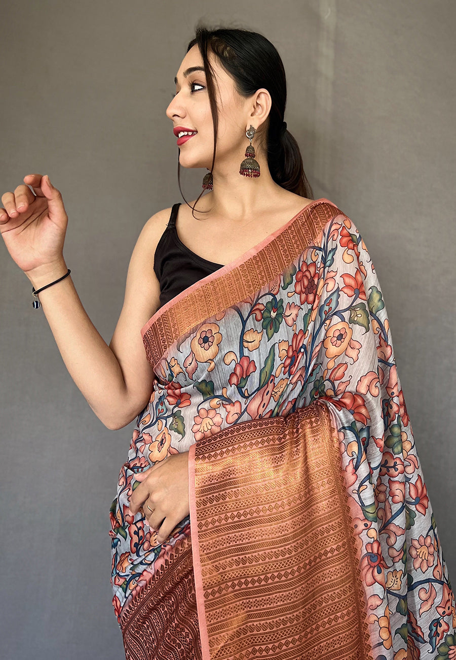 Buy MySilkLove Zorba Grey Zari Woven Cotton Kalamkari Digital Printed Saree Online