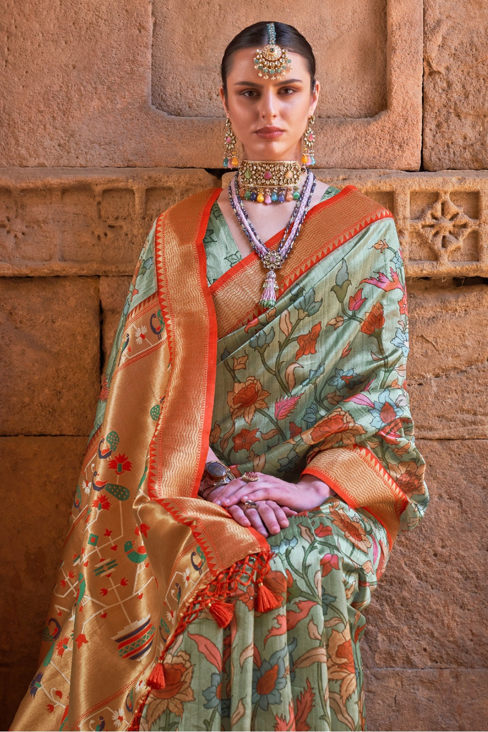 Buy MySilkLove Spanish Green Digital Printed Paithani Silk Saree Online