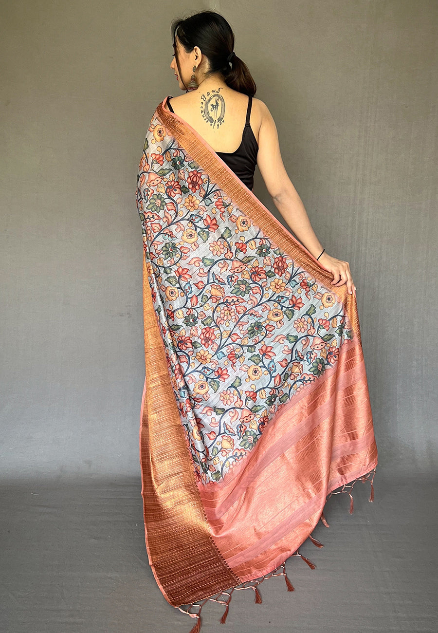 Buy MySilkLove Zorba Grey Zari Woven Cotton Kalamkari Digital Printed Saree Online
