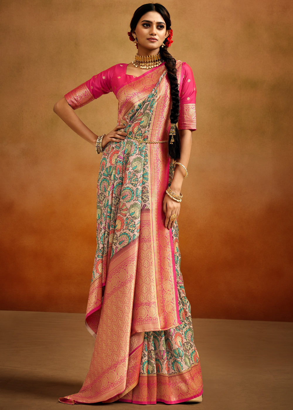 Buy MySilkLove Multicolor Brown Woven Banarasi Kalamkari Silk Saree Online