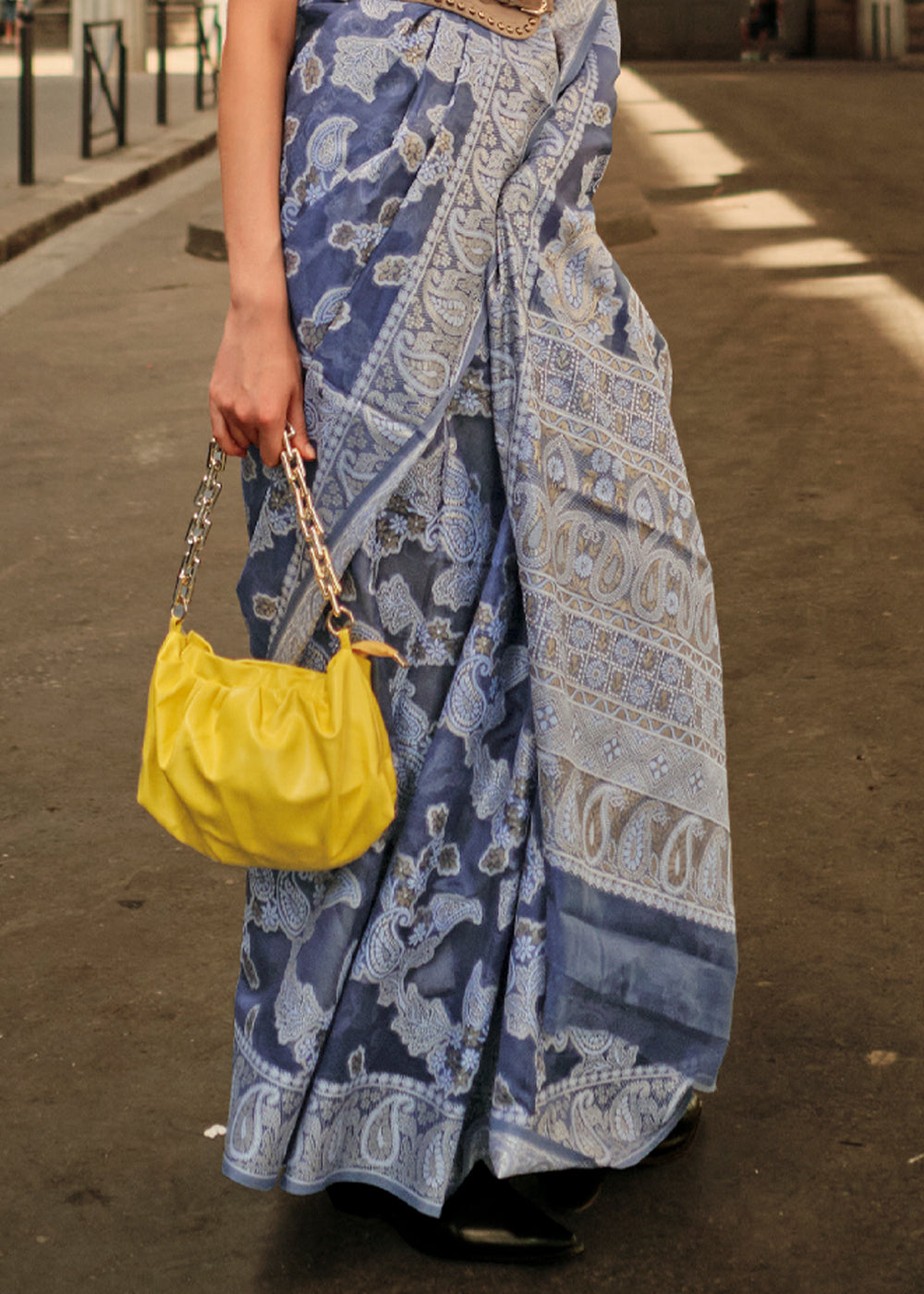 Buy MySilkLove Waterloo Blue Woven Lucknowi Chikankari Saree Online