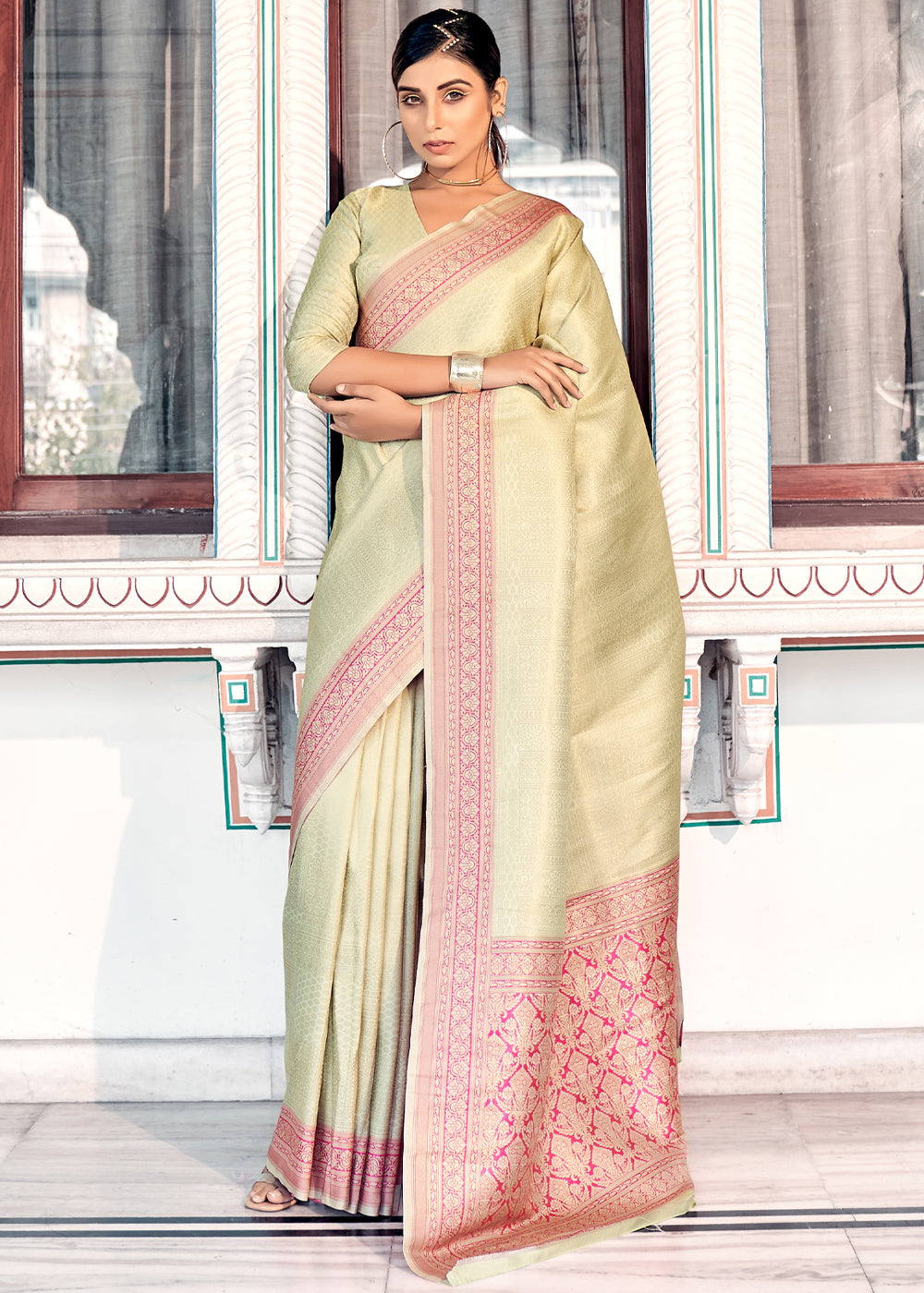 Buy MySilkLove Baja Cream Woven Kanjivaram Silk Saree Online