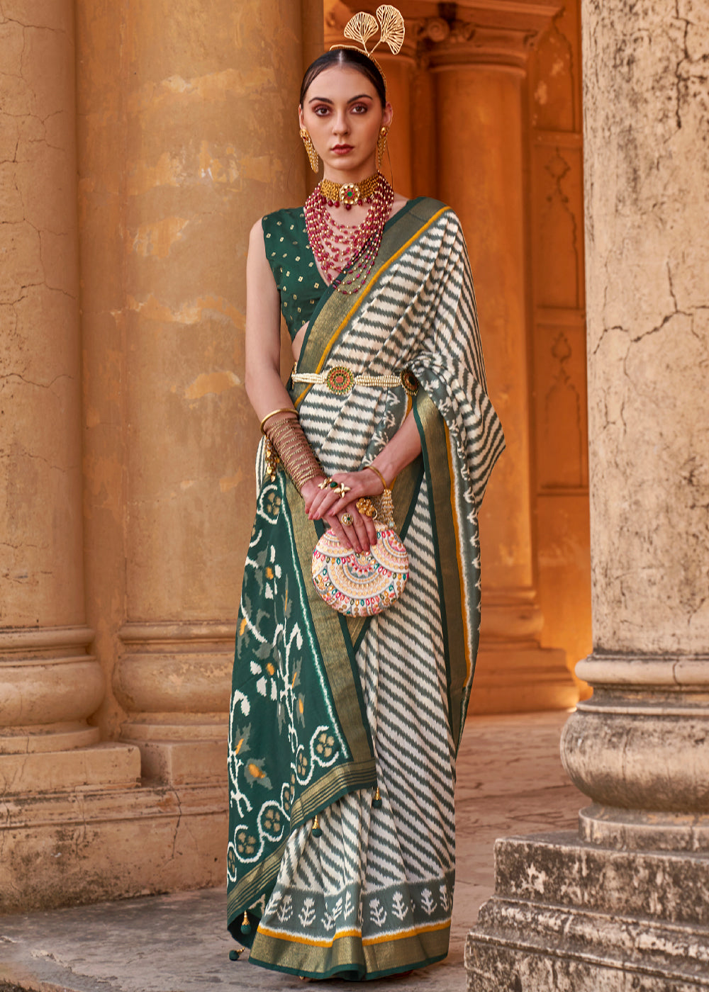Buy MySilkLove Cape Cod Green Designer Printed Patola Silk Saree Online