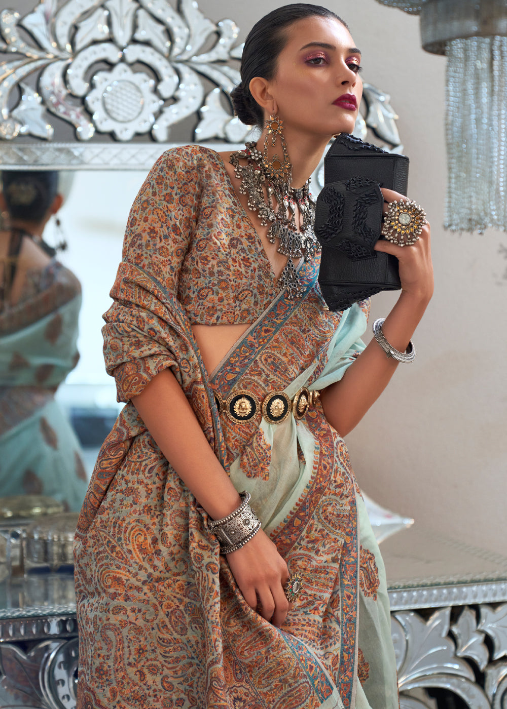 Buy MySilkLove Edward Blue Handloom Pure Kashmiri Jamawar Saree Online