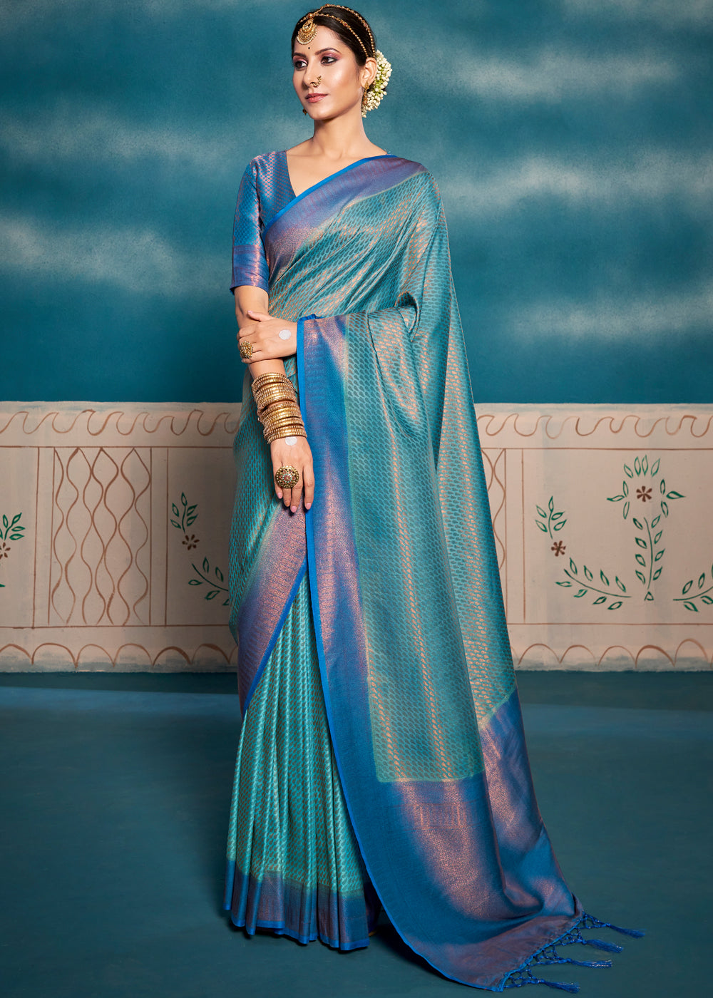 Buy MySilkLove Ming Blue Woven Kanjivaram Silk Saree Online