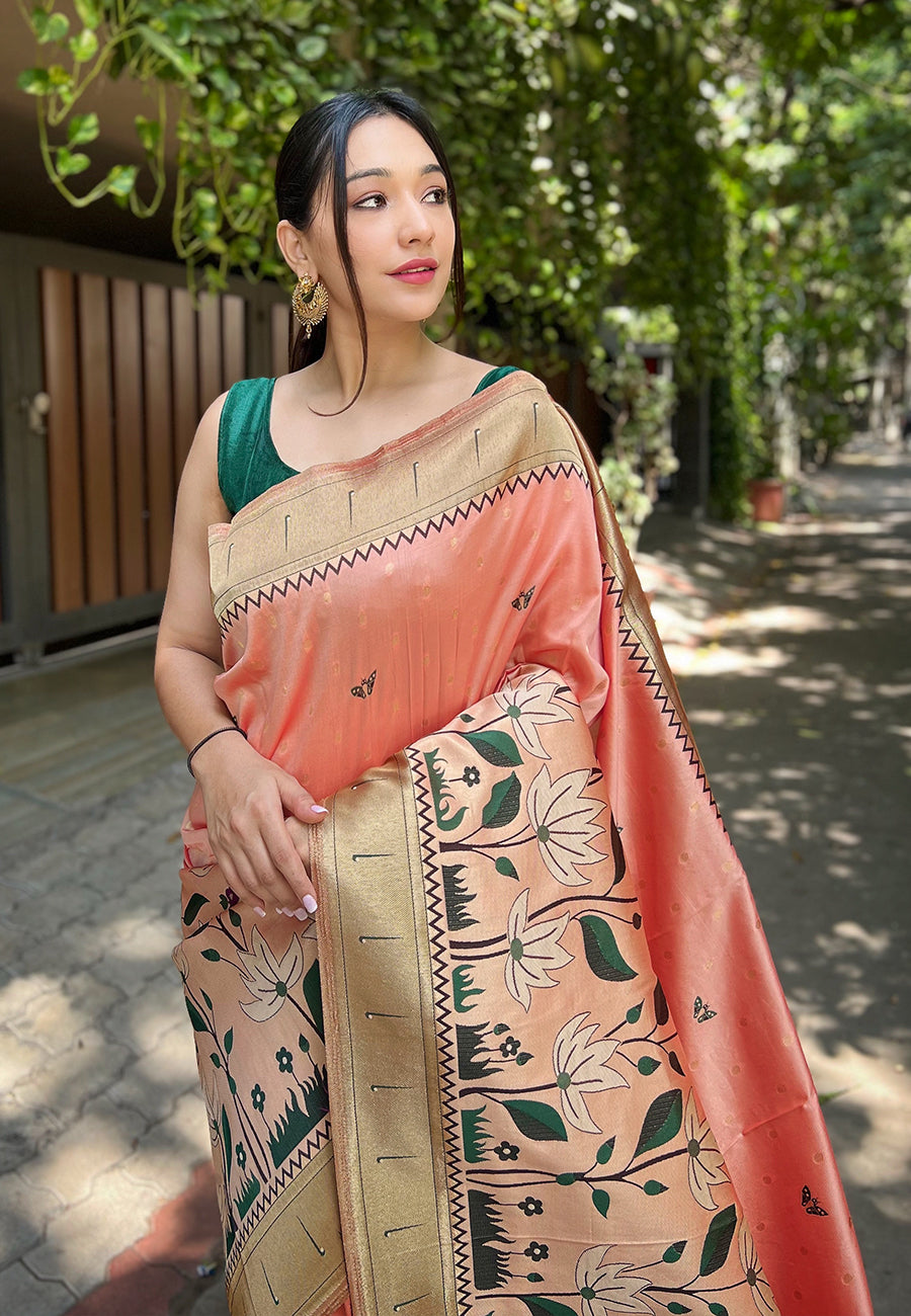 MySilkLove Rose Bud Peach Zari Woven Titli Royal Paithani Silk Saree