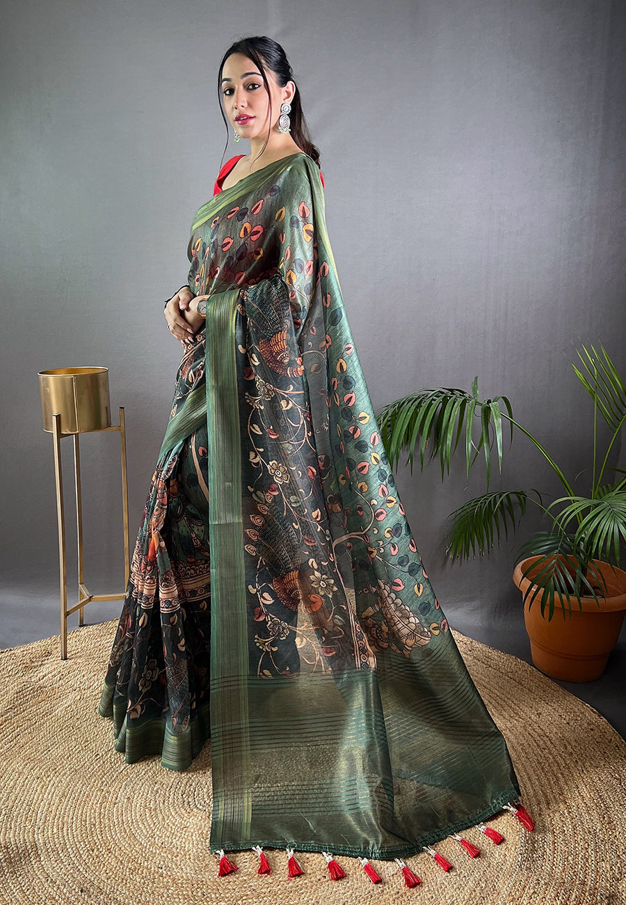 Buy MySilkLove Finch Green Cotton Kalamkari Printed Saree Online
