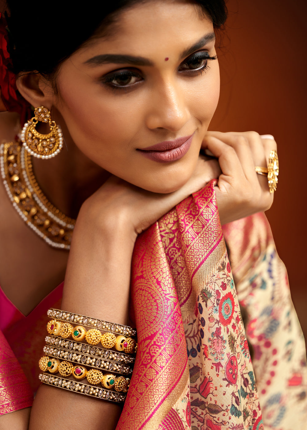 Buy MySilkLove Mongoose Cream and Pink Woven Banarasi Kalamkari Silk Saree Online