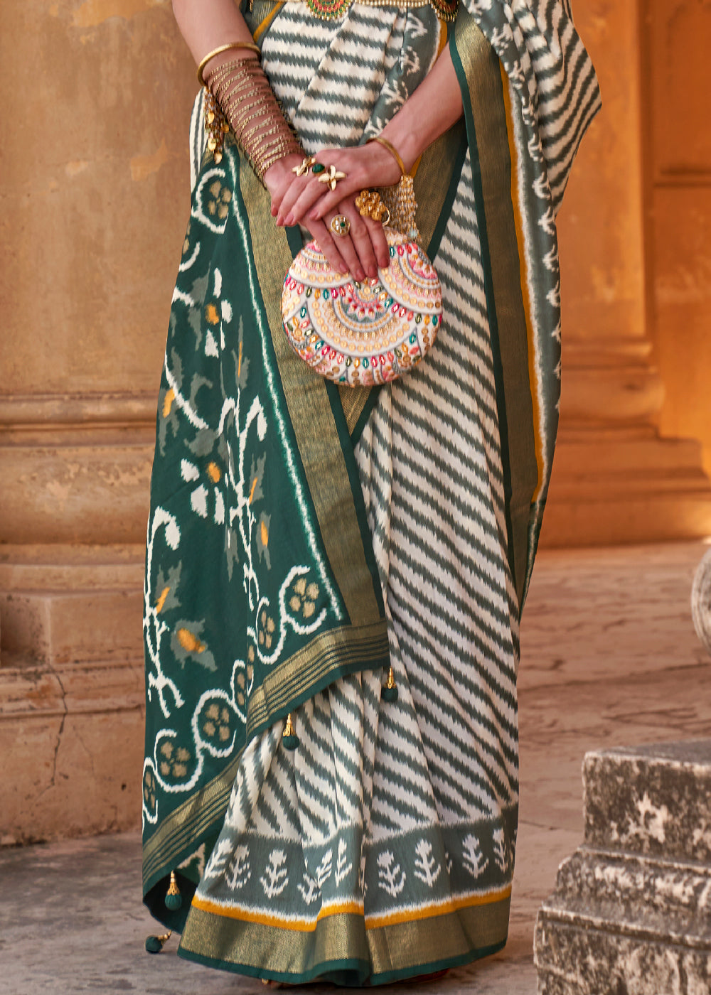 Buy MySilkLove Cape Cod Green Designer Printed Patola Silk Saree Online