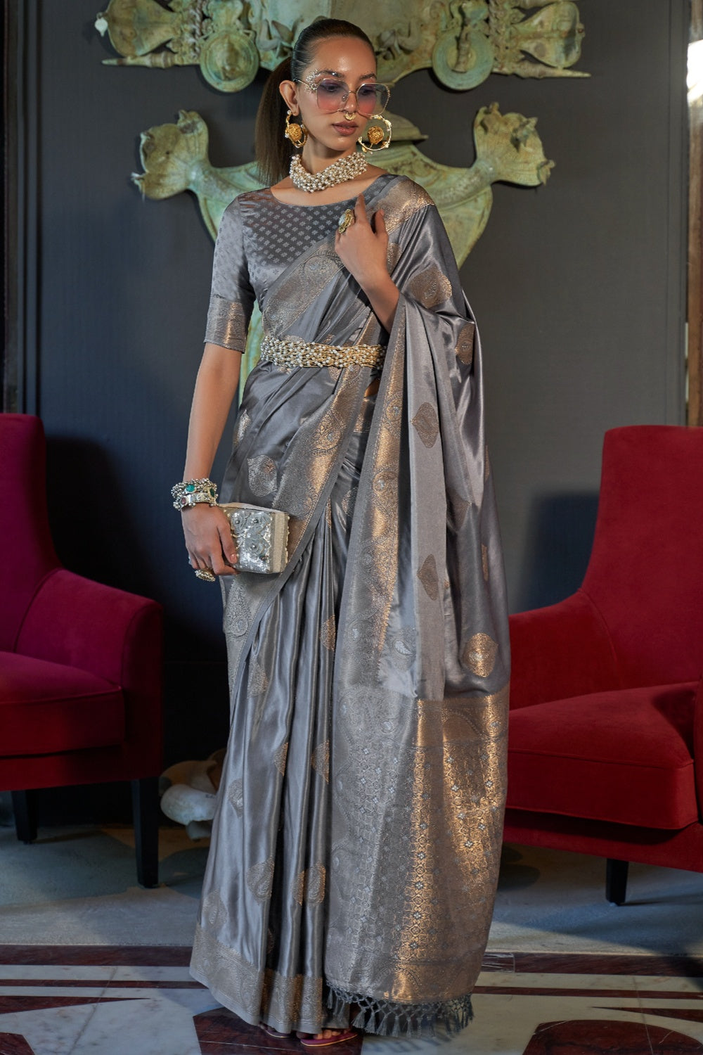 Buy MySilkLove Abbey Grey Woven Banarasi Silk Saree Online