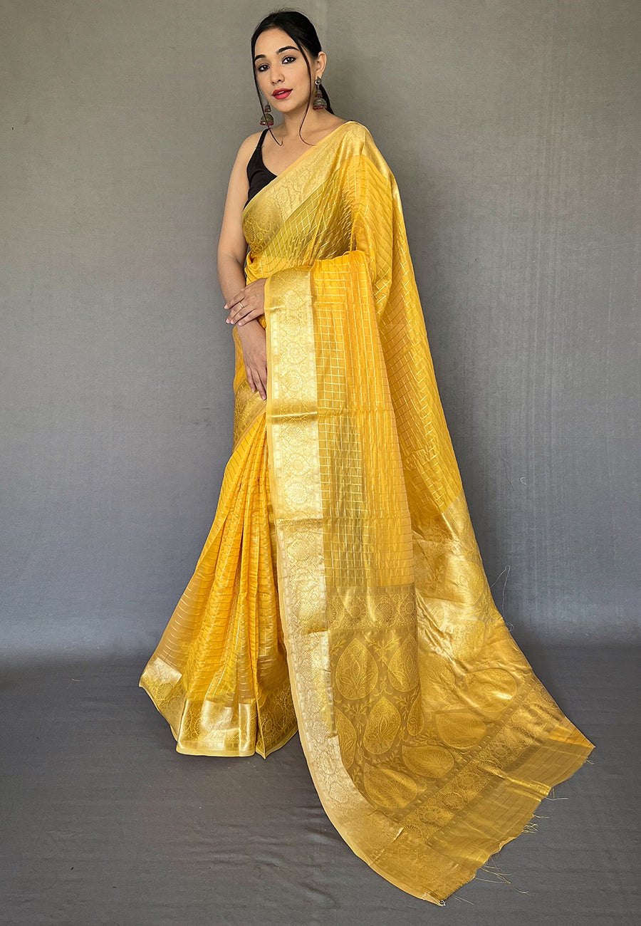 Buy MySilkLove Old Gold Yellow Zari Woven Organza Checks Saree Online