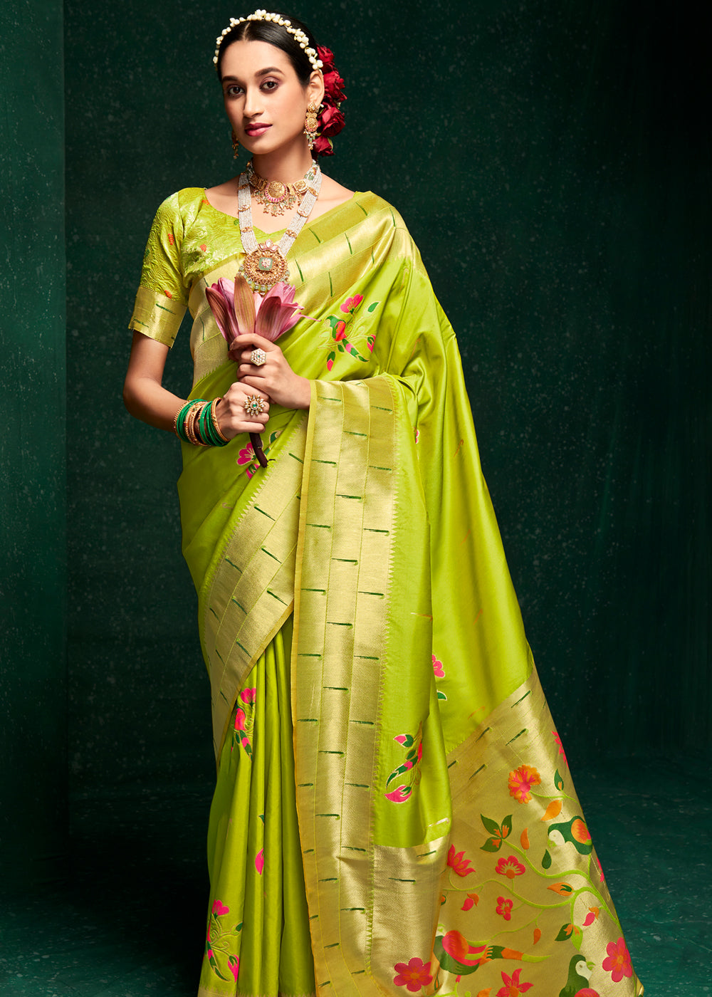 Buy MySilkLove Limeade Green Woven Paithani Silk Saree With Brocade Blouse Online
