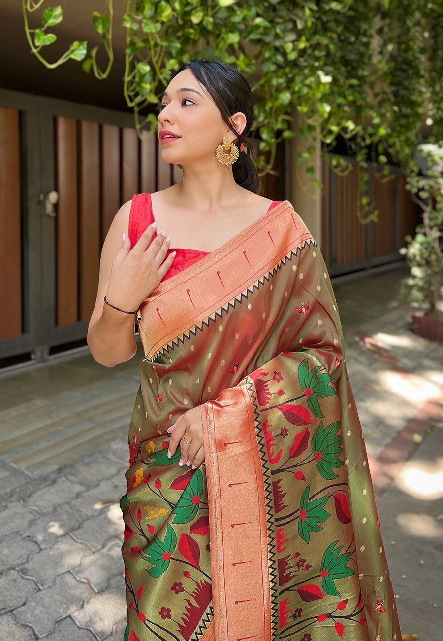 Buy MySilkLove Metal Green Zari Woven Titli Royal Paithani Silk Saree Online