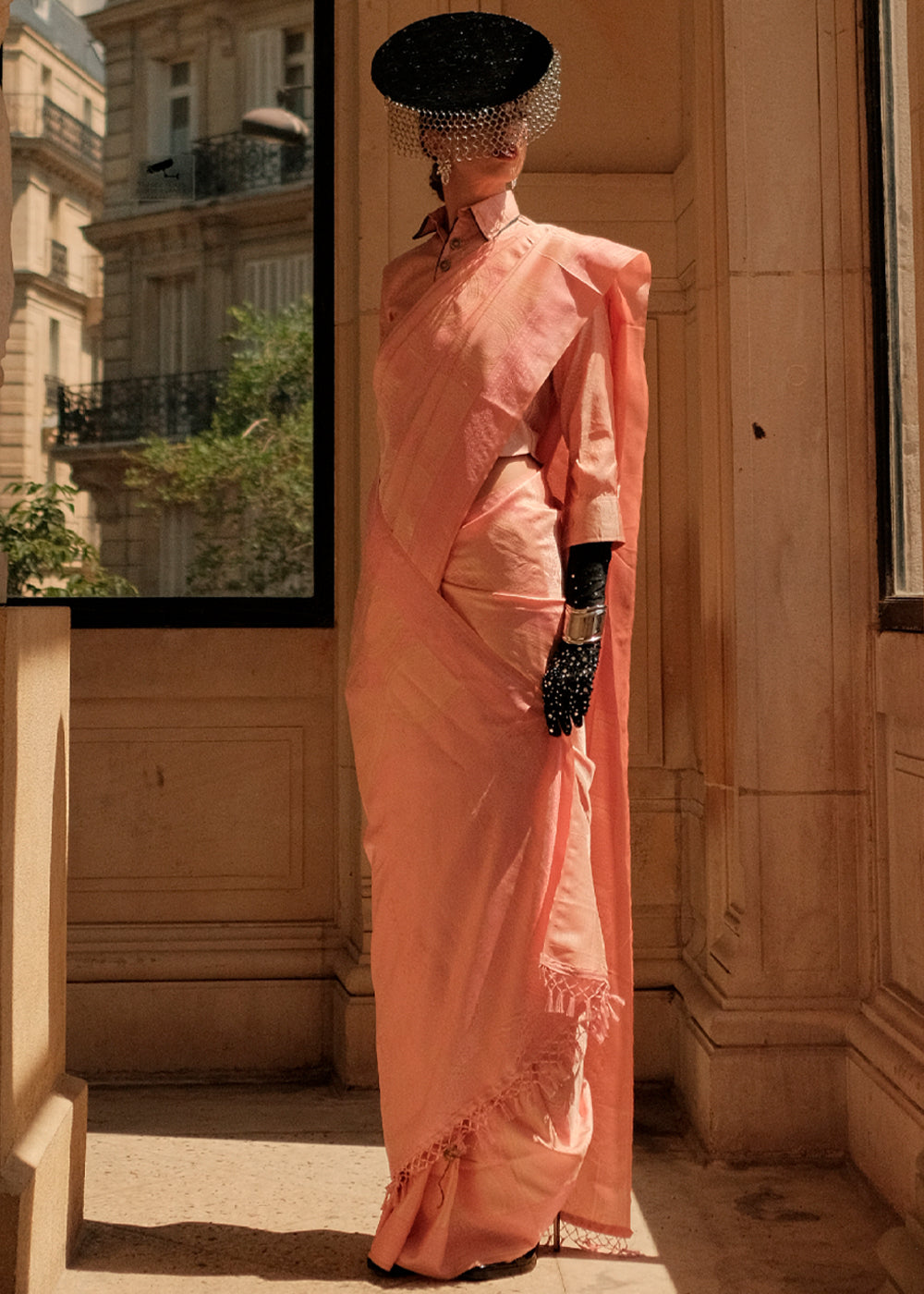 Buy MySilkLove Apricot Peach Woven Kanjivaram Satin Silk Saree Online