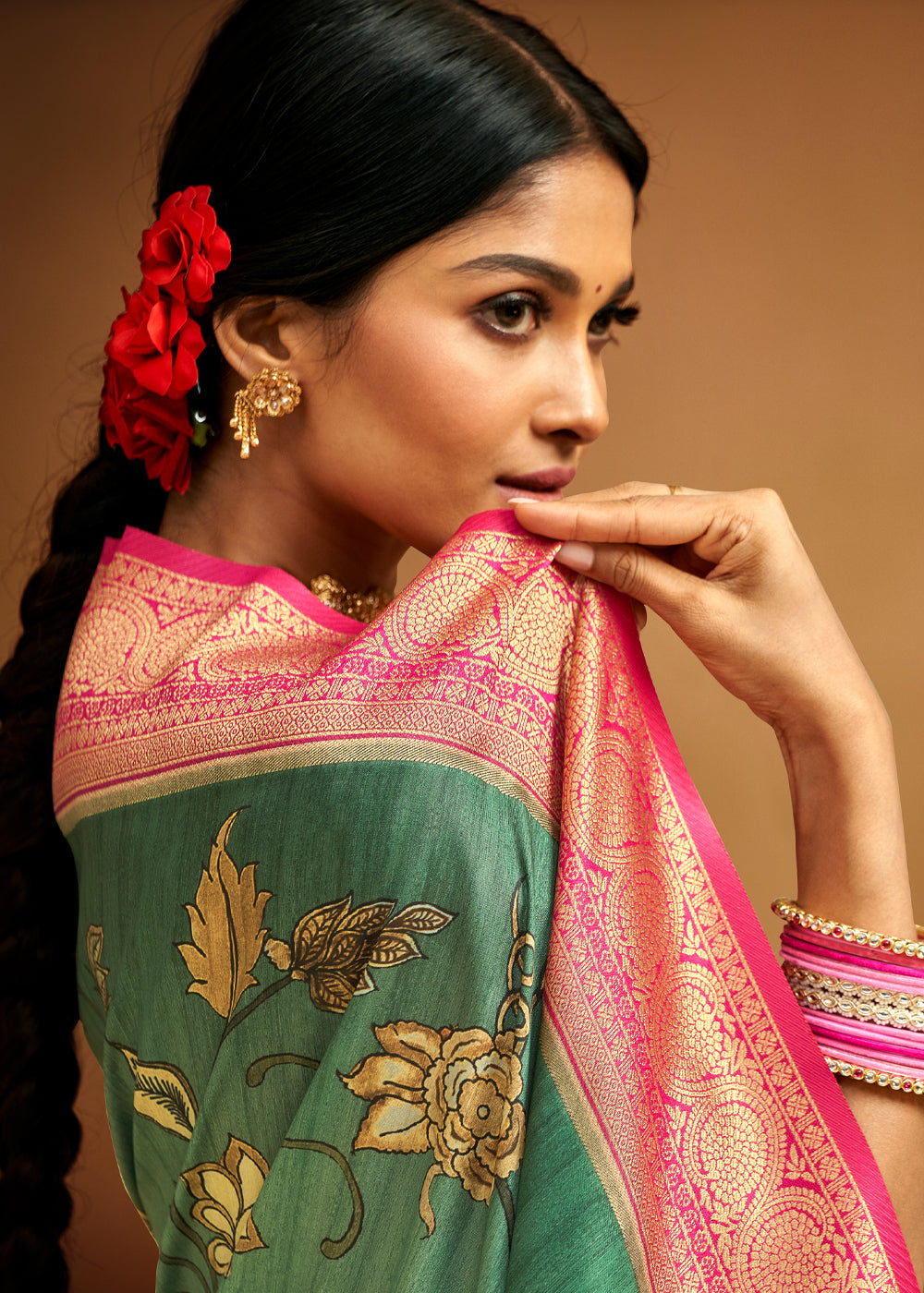 Buy MySilkLove Tom Thumb Green Woven Banarasi Kalamkari Silk Saree Online