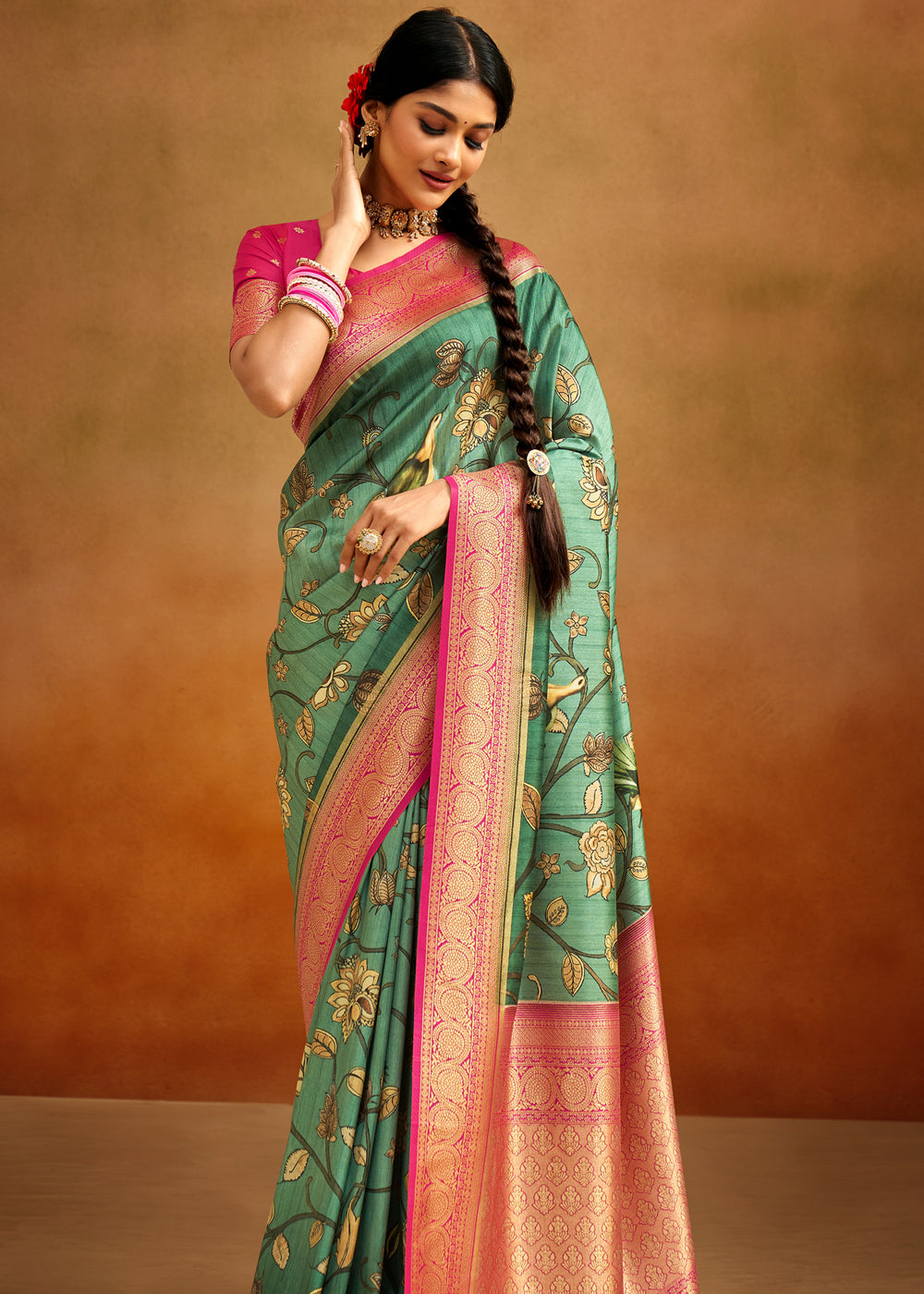 Buy MySilkLove Tom Thumb Green Woven Banarasi Kalamkari Silk Saree Online