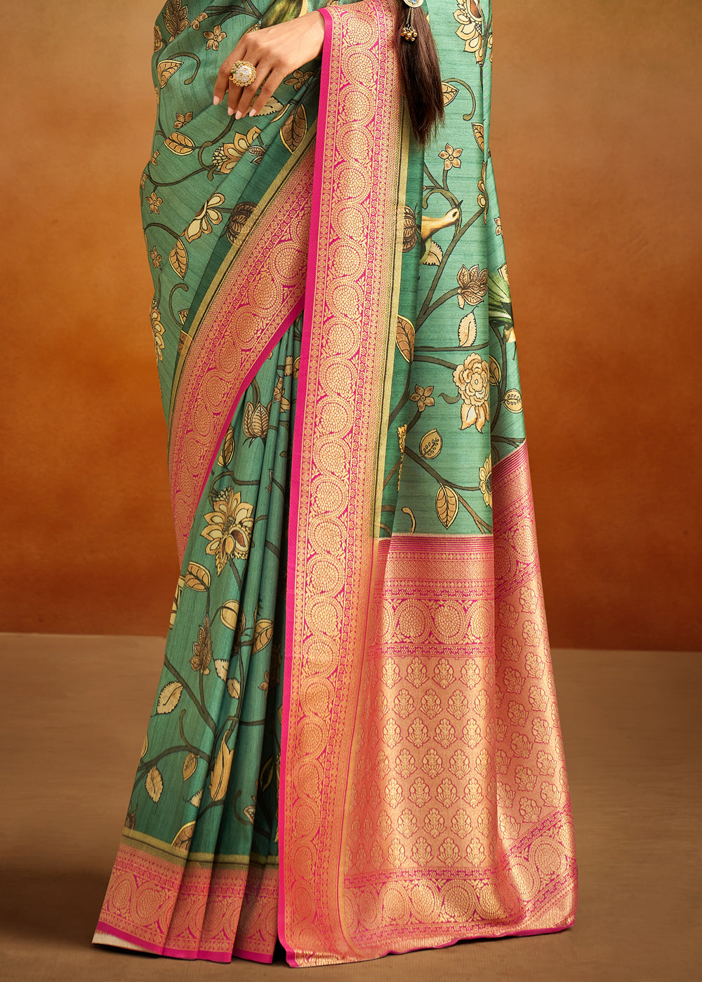 Buy MySilkLove Tom Thumb Green Woven Banarasi Kalamkari Silk Saree Online