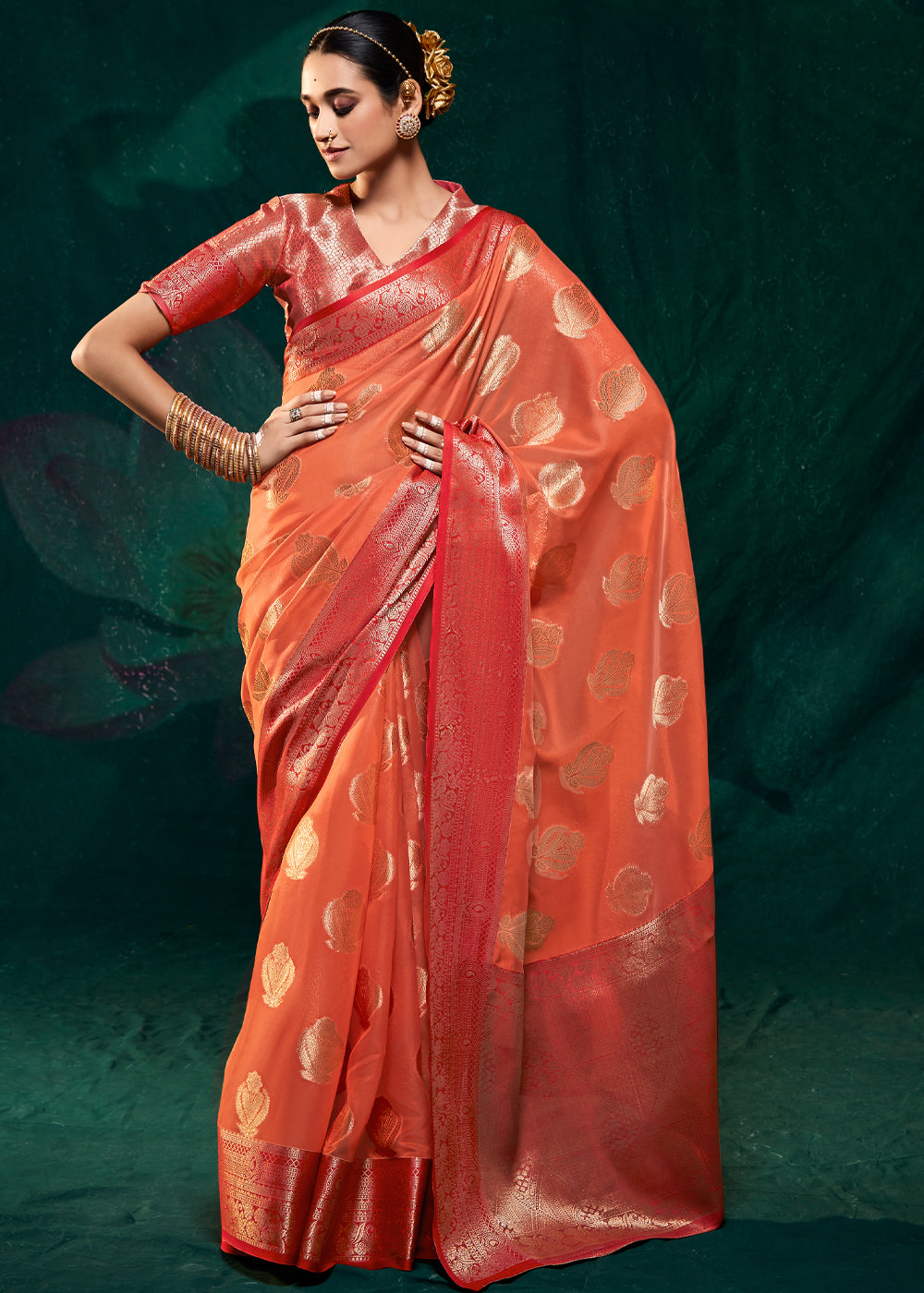 Buy MySilkLove Jelly Bean Orange Woven Banarasi Organza Silk Saree Online