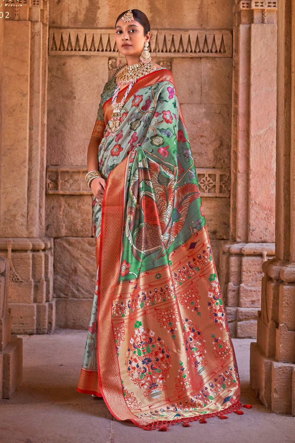 Buy MySilkLove Aqua Forest Green Digital Printed Paithani Silk Saree Online