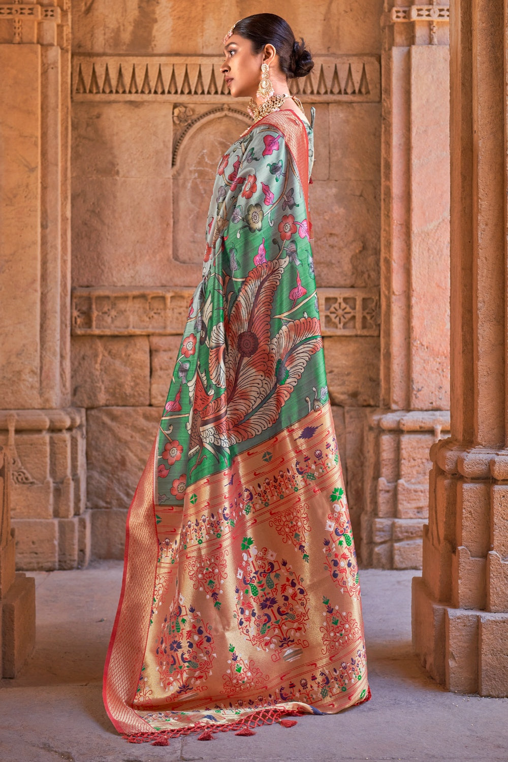 Buy MySilkLove Aqua Forest Green Digital Printed Paithani Silk Saree Online
