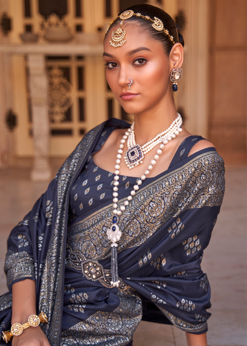 Buy MySilkLove Gun Powder Grey Woven Banarasi Soft Silk Saree Online
