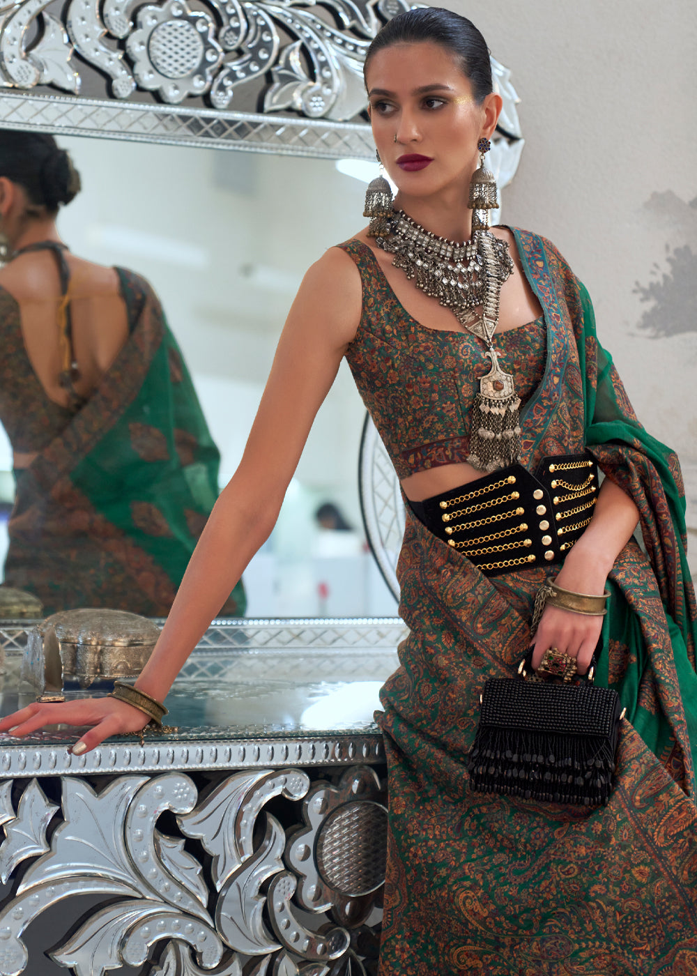 Buy MySilkLove Plantation Green Handloom Pure Kashmiri Jamawar Saree Online