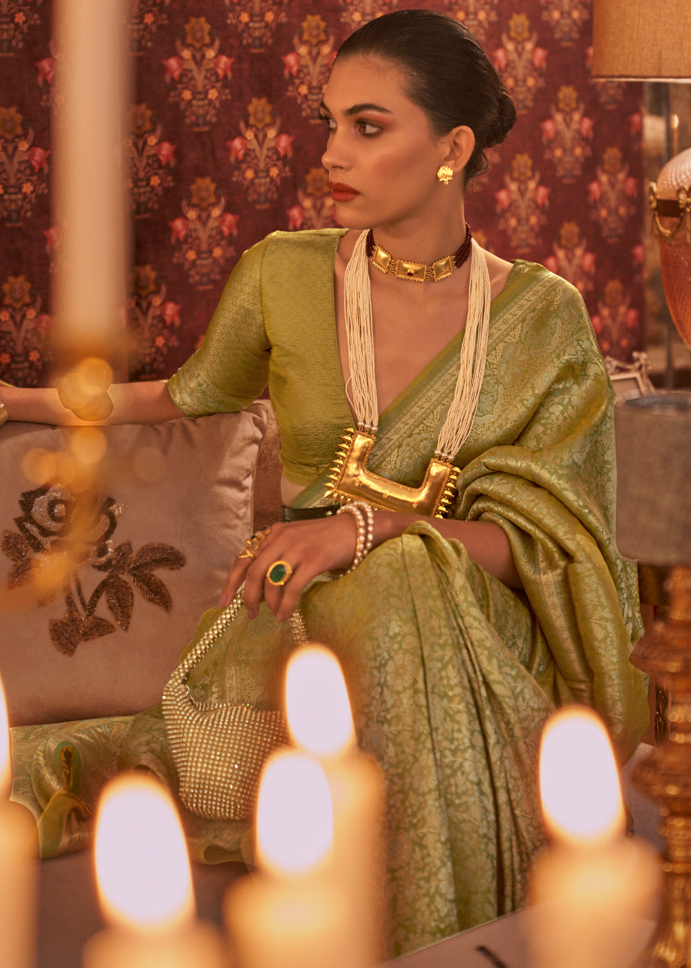Buy MySilkLove Wild Willow Green Dual Tone Woven Kanjivaram Silk Saree Online