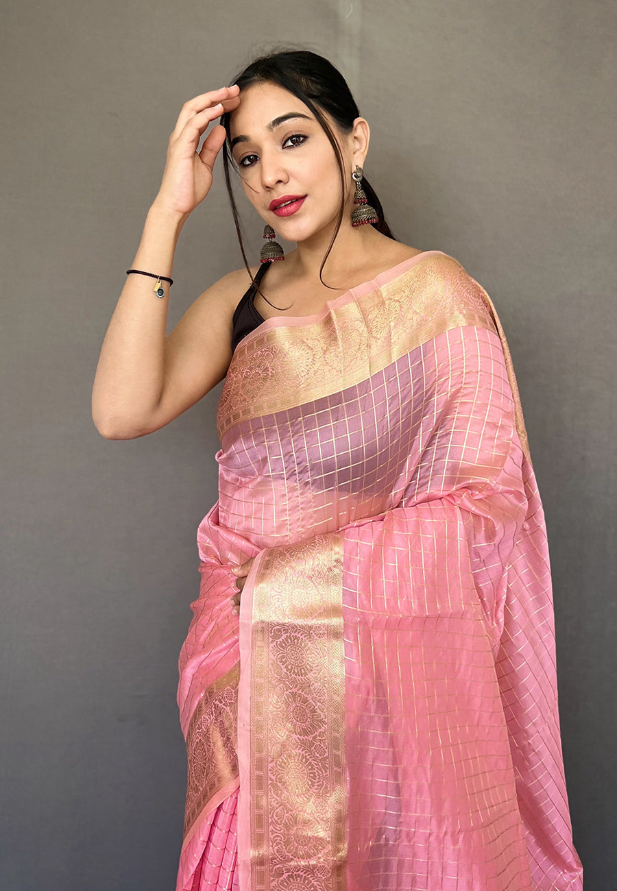 MySilkLove Mauvelous Pink Zari Woven Organza Checks Saree