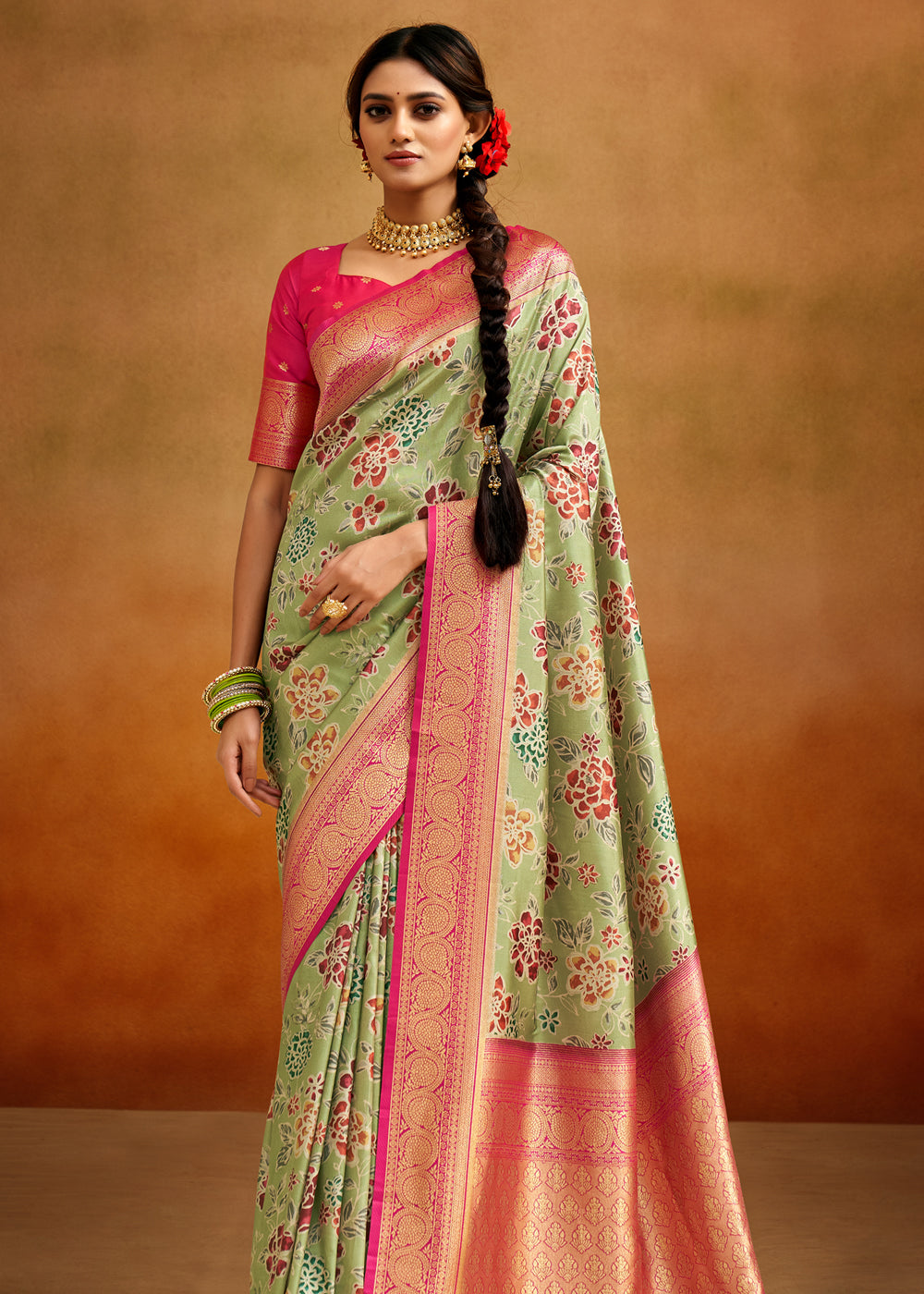 Buy MySilkLove Barley Corn Green Woven Banarasi Kalamkari Silk Saree Online