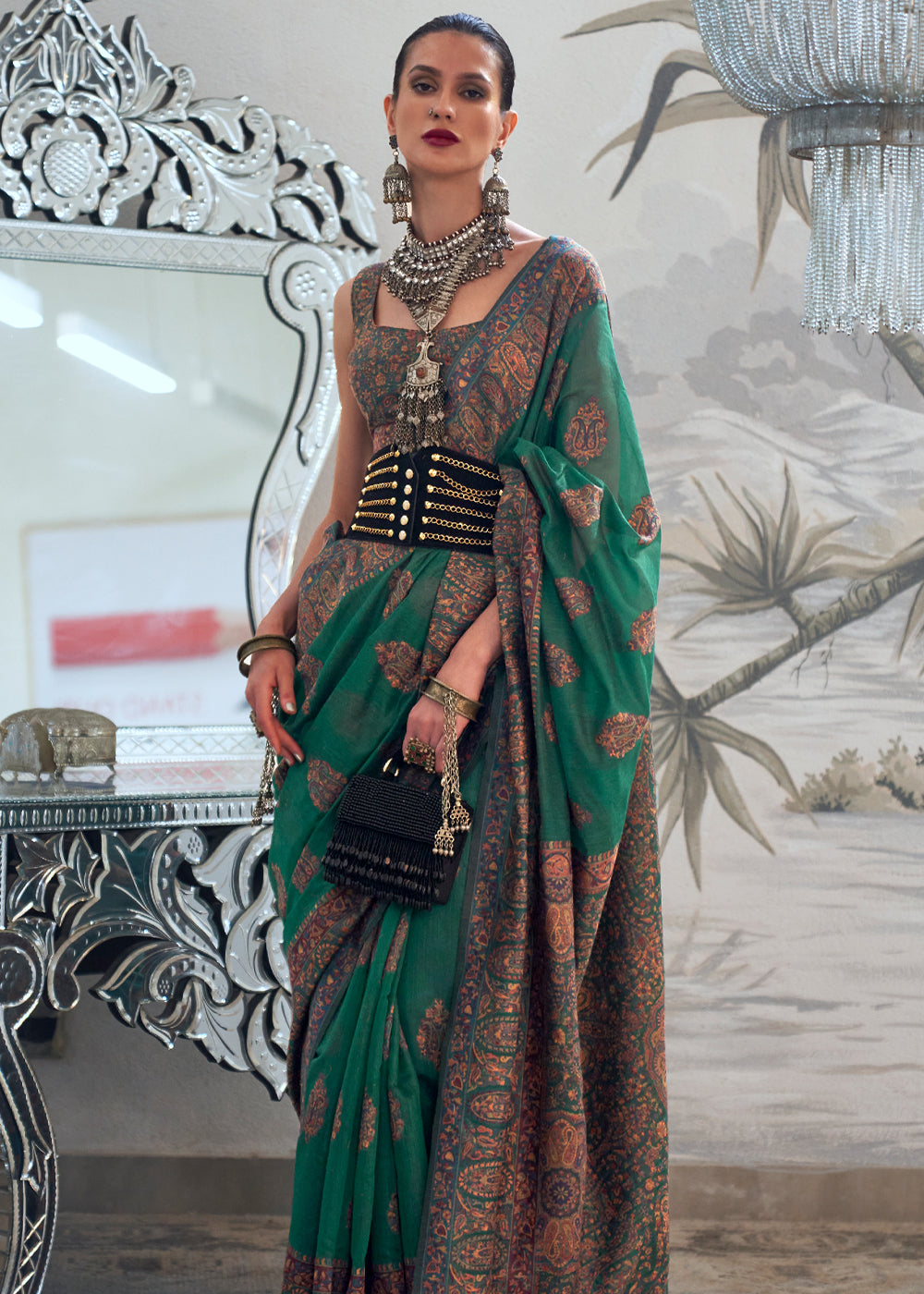 Buy MySilkLove Plantation Green Handloom Pure Kashmiri Jamawar Saree Online