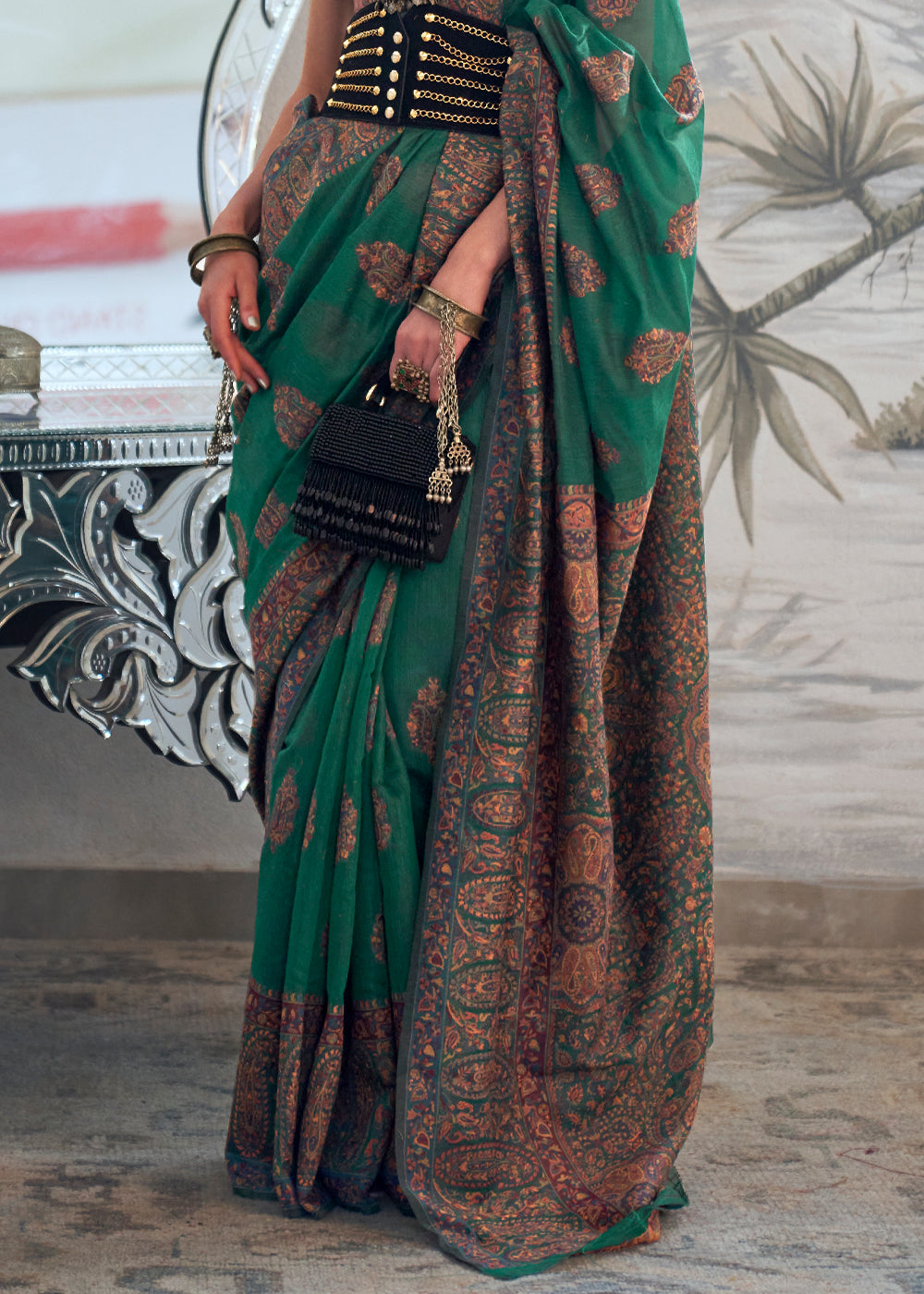 Buy MySilkLove Plantation Green Handloom Pure Kashmiri Jamawar Saree Online