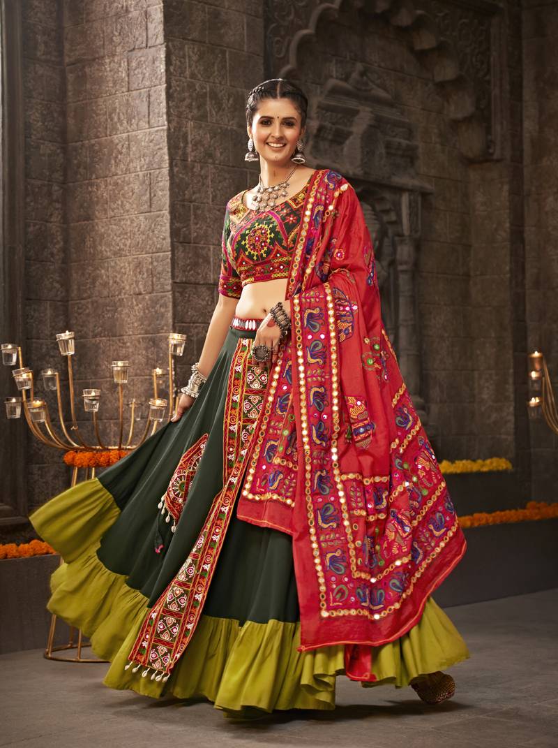 Buy MySilkLove Kelp Green and Red Lehenga Choli Online