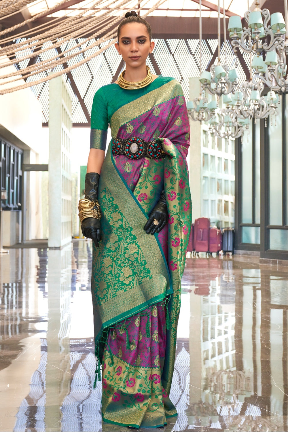 Buy MySilkLove Tapestry Purple and Green Woven Handloom Banarasi Silk Saree Online