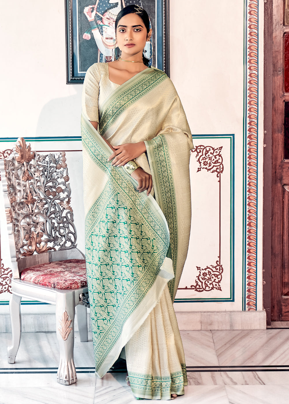 Buy MySilkLove Wheat White and Green Woven Kanjivaram Silk Saree Online