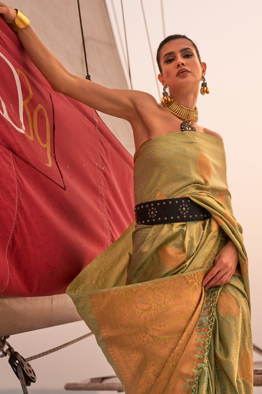 Buy MySilkLove Peridot Green Woven Satin Handloom Silk Saree Online