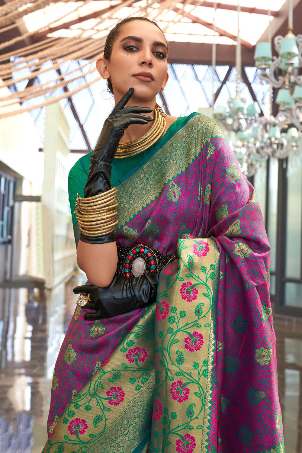 Buy MySilkLove Tapestry Purple and Green Woven Handloom Banarasi Silk Saree Online