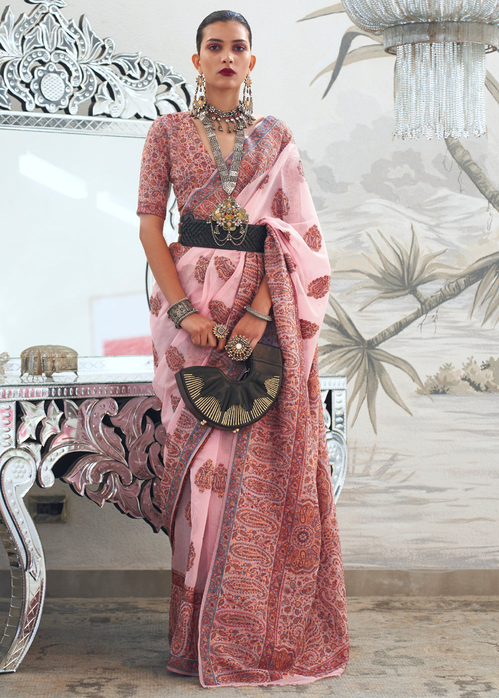Buy MySilkLove Shilo Pink Woven Handloom Pure Kashmiri Jamawar Saree Online