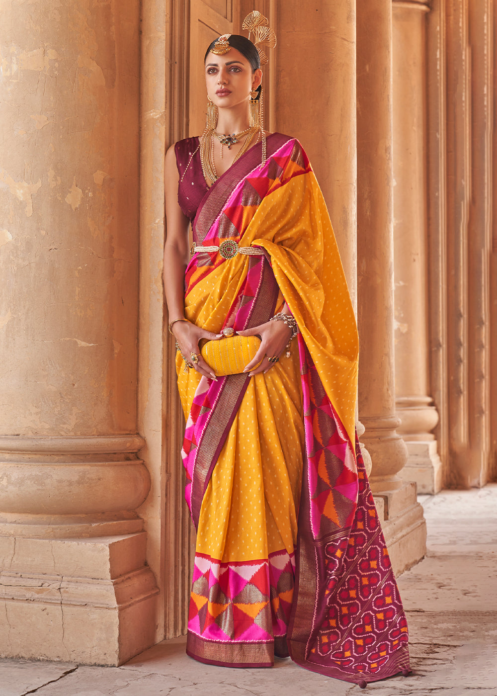 Buy MySilkLove Piper Yellow Designer Printed Patola Silk Saree Online