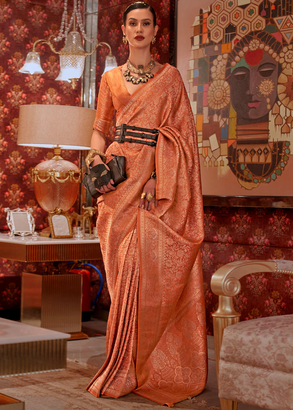 Buy MySilkLove Terracotta Peach Dual Tone Woven Kanjivaram Silk Saree Online
