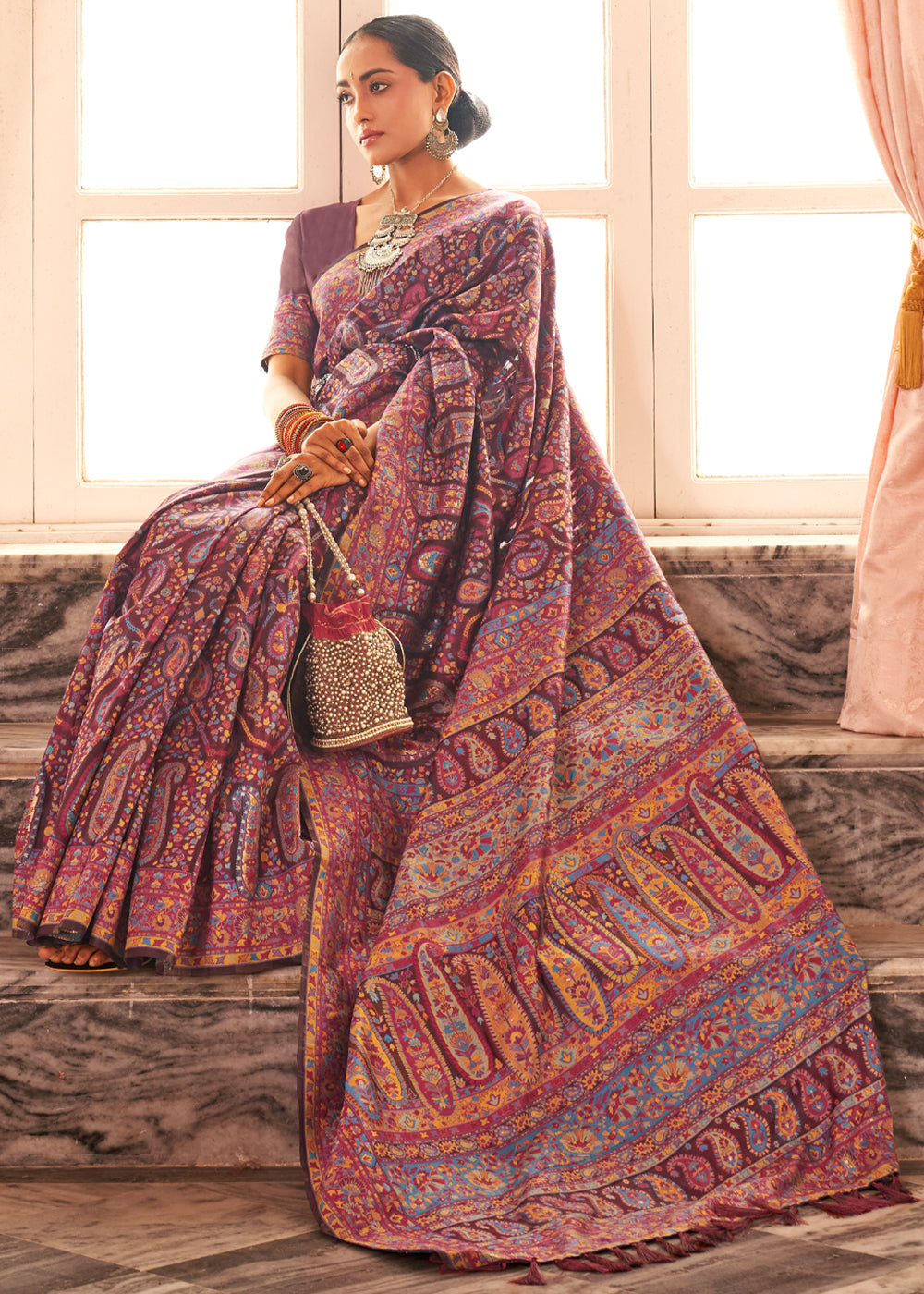 Buy MySilkLove Potters Clay Maroon Woven Kashmiri Jamewar Silk Saree Online