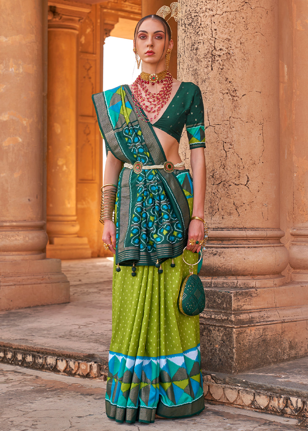 Buy MySilkLove Trendy Green and Blue Designer Printed Patola Silk Saree Online